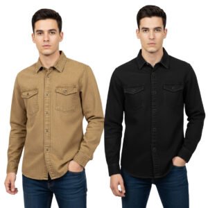 2 Pcs Denim Full Sleeve Double Poket- Brown +Black