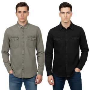 2 Pcs Denim Full Sleeve Double Poket- Ash +Black