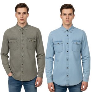 2 Pcs Denim Full Sleeve Double Poket- Ash +Sky Blue