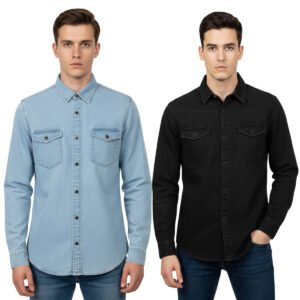 2 Pcs Denim Full Sleeve Double Poket- Sky blue +Black